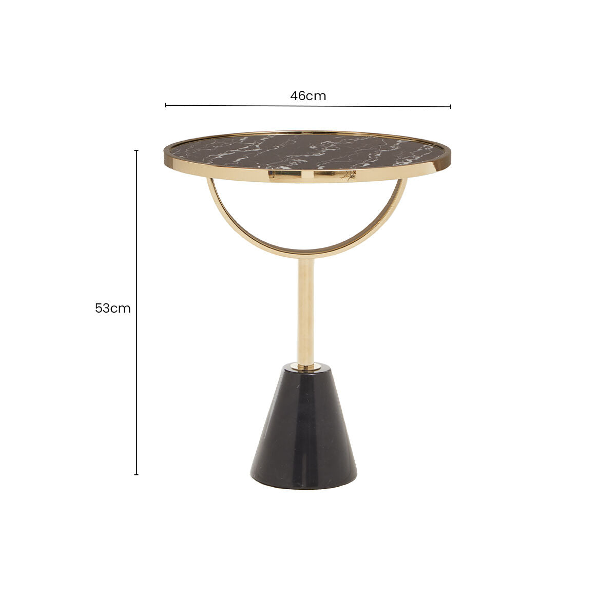 Black Glass Top Side Table with Gold Metal Column and Black Marble Base