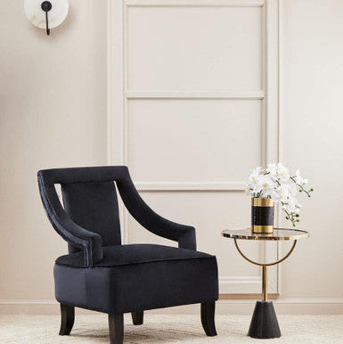 Black Glass Top Side Table with Gold Metal Column and Black Marble Base