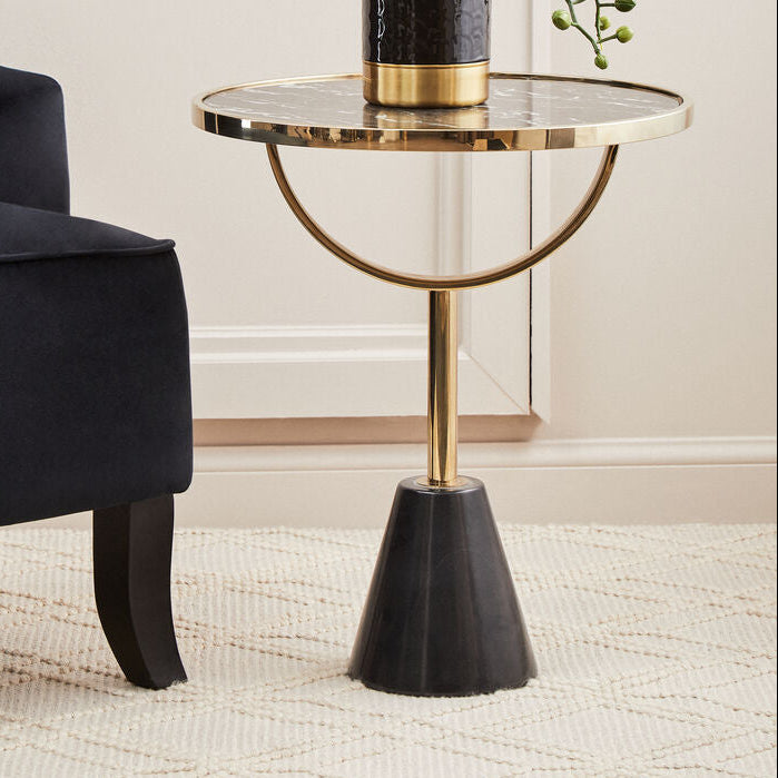 Black Glass Top Side Table with Gold Metal Column and Black Marble Base
