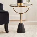 Black Glass Top Side Table with Gold Metal Column and Black Marble Base