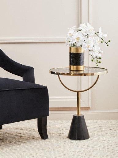 Black Glass Top Side Table with Gold Metal Column and Black Marble Base