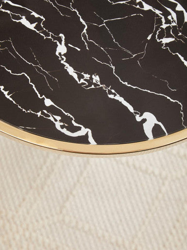 Black Glass Top Side Table with Gold Metal Column and Black Marble Base