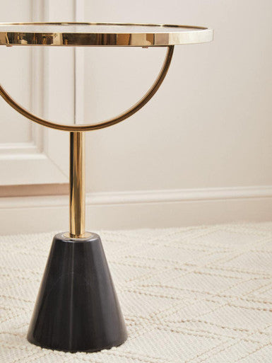 Black Glass Top Side Table with Gold Metal Column and Black Marble Base