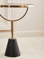 Black Glass Top Side Table with Gold Metal Column and Black Marble Base