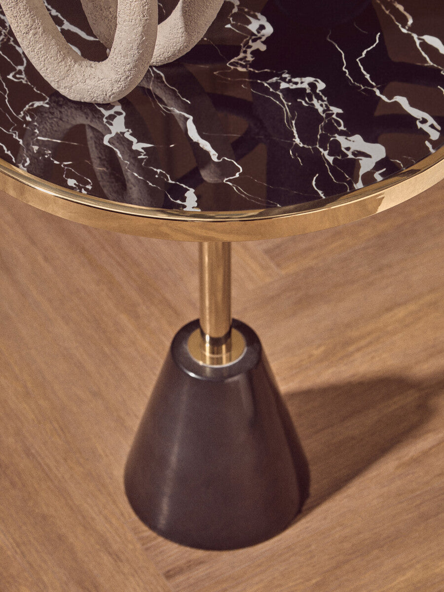 Black Glass Top Side Table with Gold Metal Column and Black Marble Base