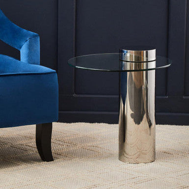 Clear Round Glass Top Side Table with Silver Metal Pedestal Base