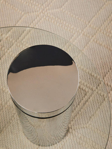 Clear Round Glass Top Side Table with Silver Metal Pedestal Base