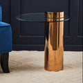 Clear Round Glass Side Table with Tall Rose Gold Standing Base