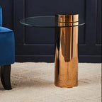 Clear Round Glass Side Table with Tall Rose Gold Standing Base