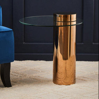 Clear Round Glass Side Table with Tall Rose Gold Standing Base