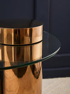 Clear Round Glass Side Table with Tall Rose Gold Standing Base