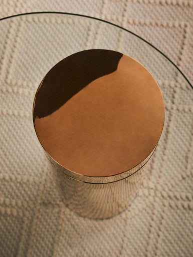 Clear Round Glass Side Table with Tall Rose Gold Standing Base