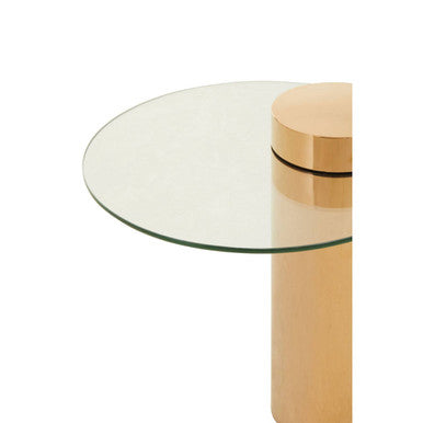 Clear Round Glass Side Table with Tall Rose Gold Standing Base
