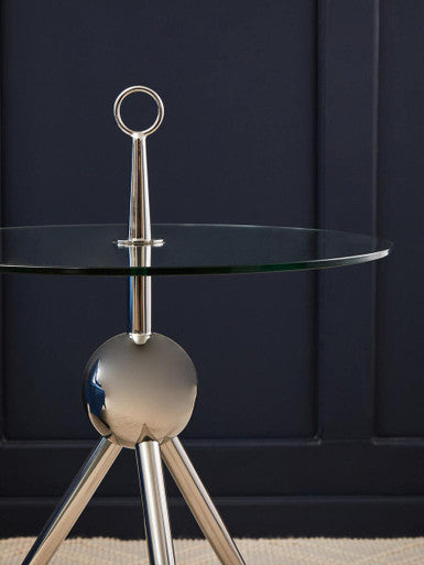 Clear Glass Top Side Table with Silver Stainless Steel Tripod Frame