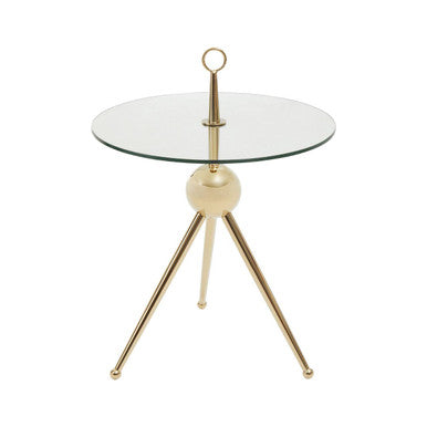 Clear Glass Top Side Table with Gold Tripod Metal Frame and Globe Detail