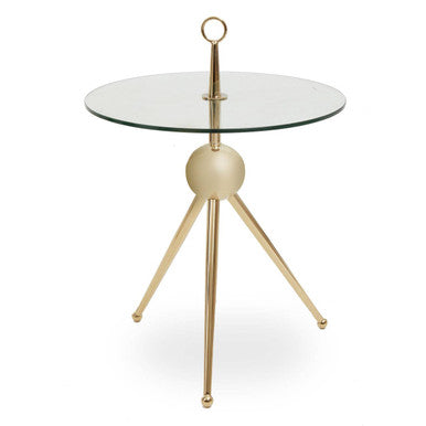 Clear Glass Top Side Table with Gold Tripod Metal Frame and Globe Detail