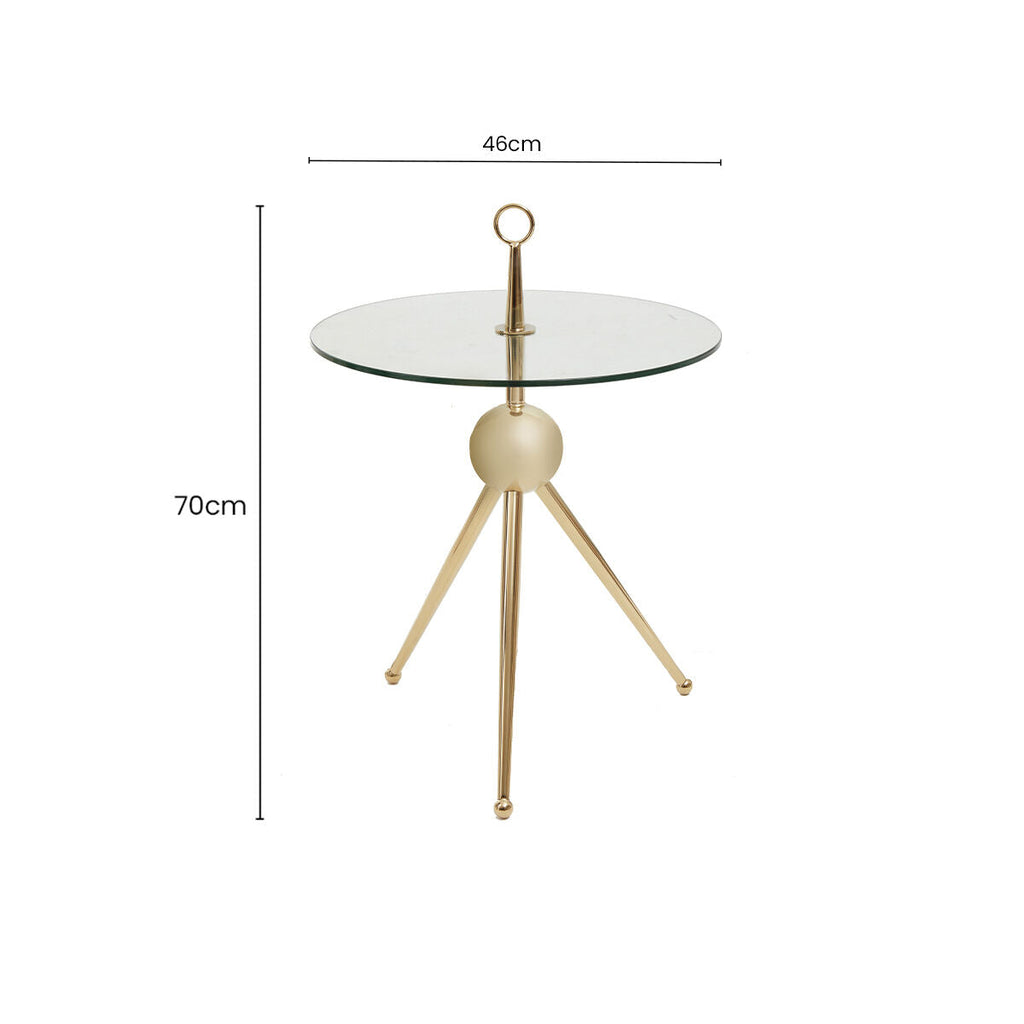 Clear Glass Top Side Table with Gold Tripod Metal Frame and Globe Detail
