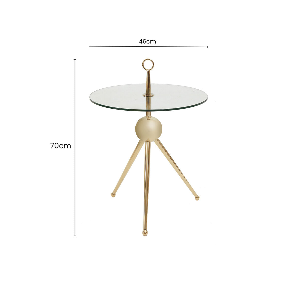 Clear Glass Top Side Table with Gold Tripod Metal Frame and Globe Detail