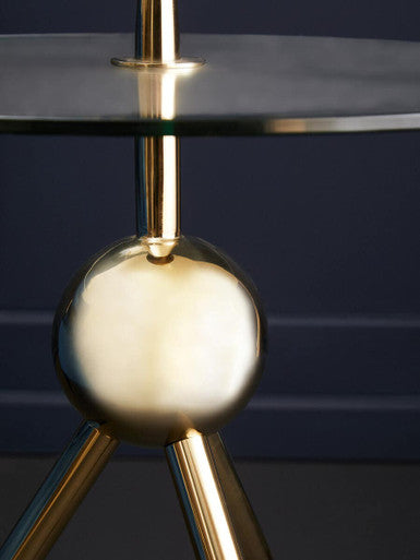 Clear Glass Top Side Table with Gold Tripod Metal Frame and Globe Detail