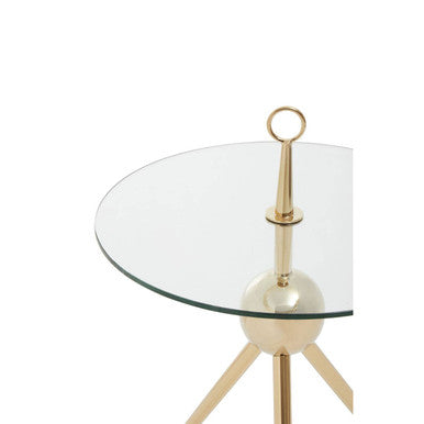 Clear Glass Top Side Table with Gold Tripod Metal Frame and Globe Detail