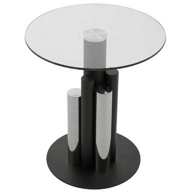 Clear Glass Top Side Table with Black and Silver Five Column Base