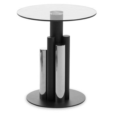 Clear Glass Top Side Table with Black and Silver Five Column Base