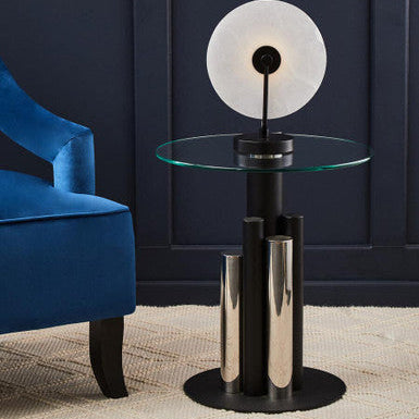 Clear Glass Top Side Table with Black and Silver Five Column Base