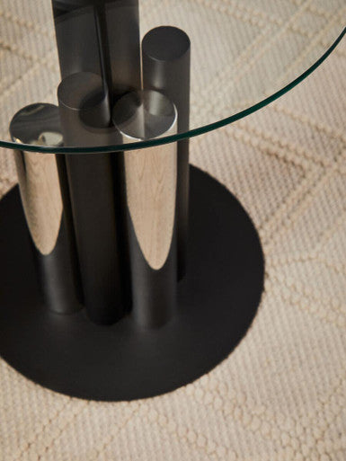 Clear Glass Top Side Table with Black and Silver Five Column Base