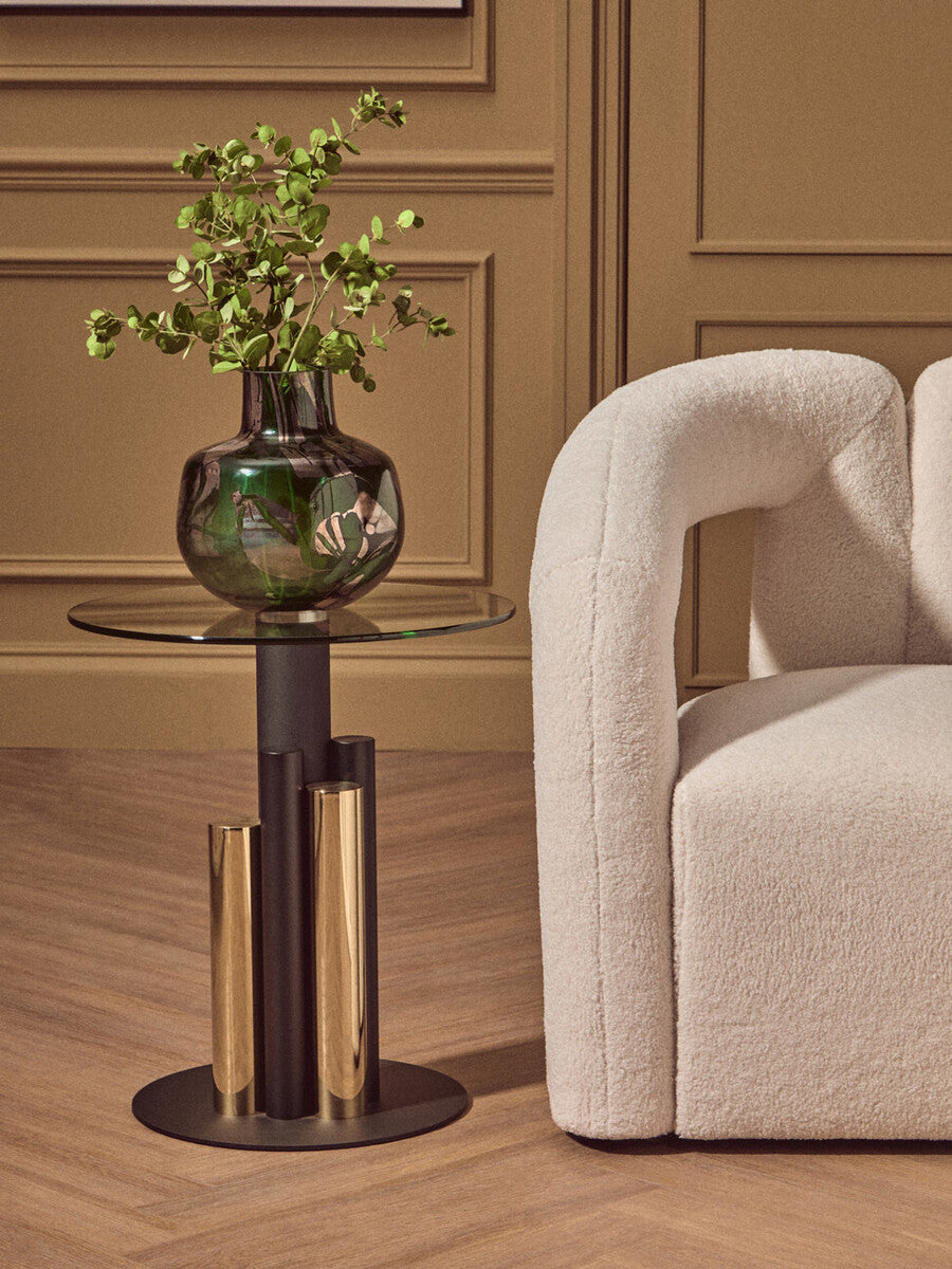 Clear Glass Top Side Table with Black and Gold Column Base