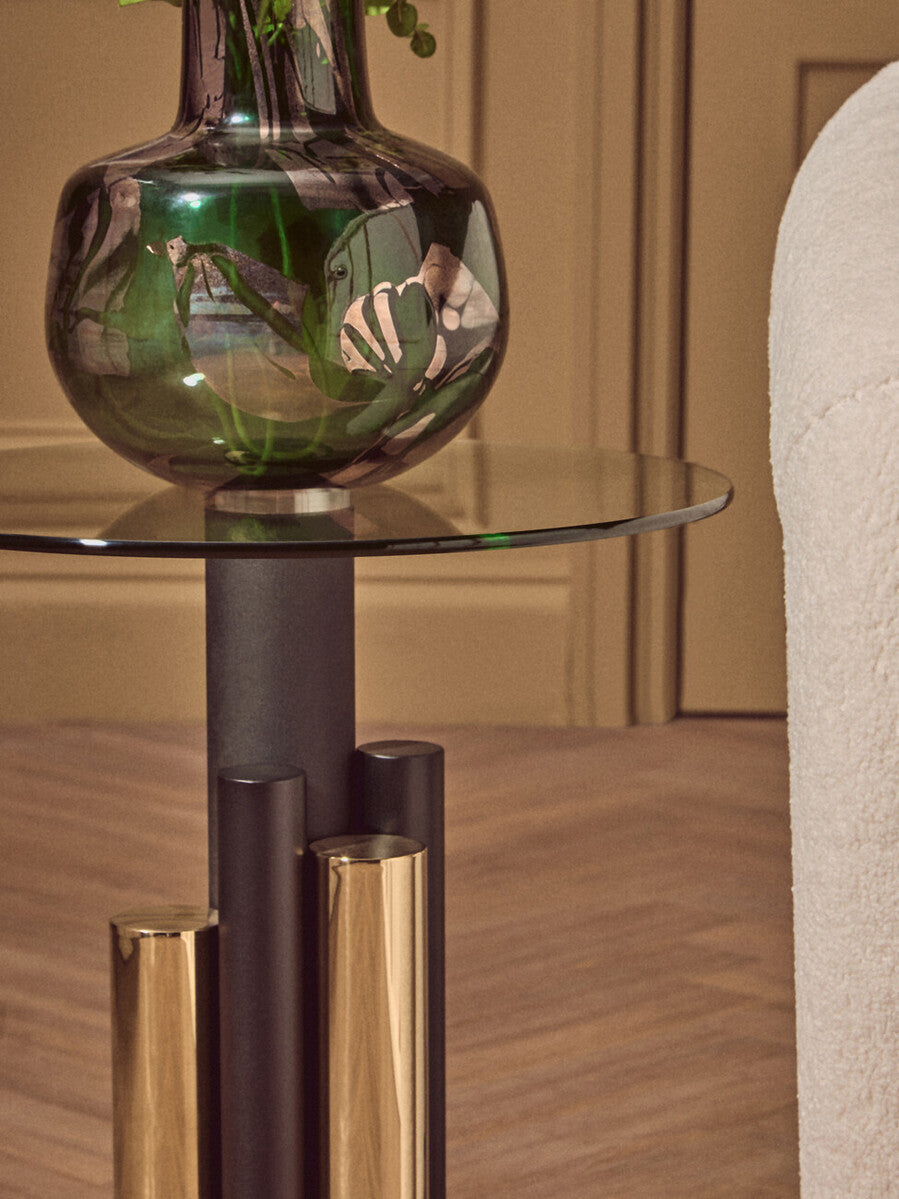 Clear Glass Top Side Table with Black and Gold Column Base