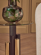 Clear Glass Top Side Table with Black and Gold Column Base