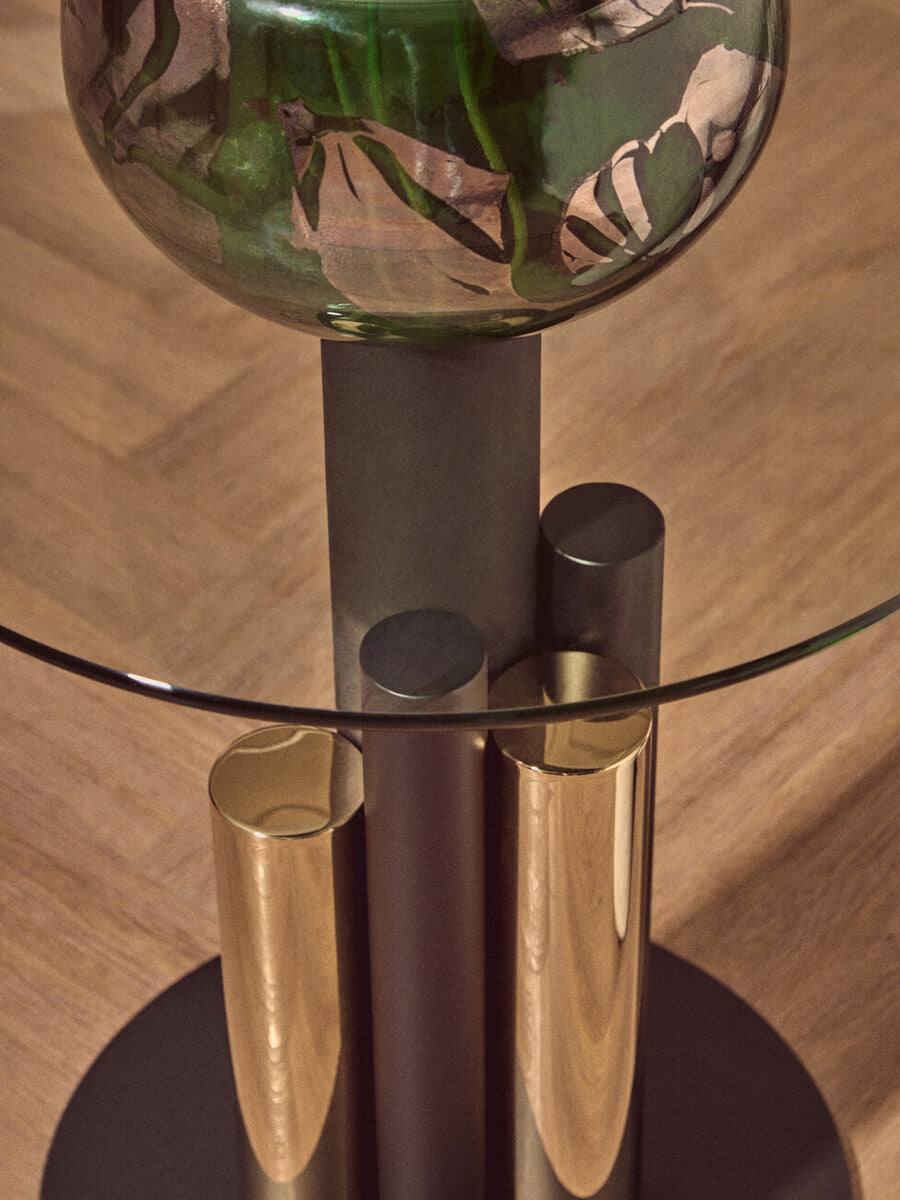 Clear Glass Top Side Table with Black and Gold Column Base