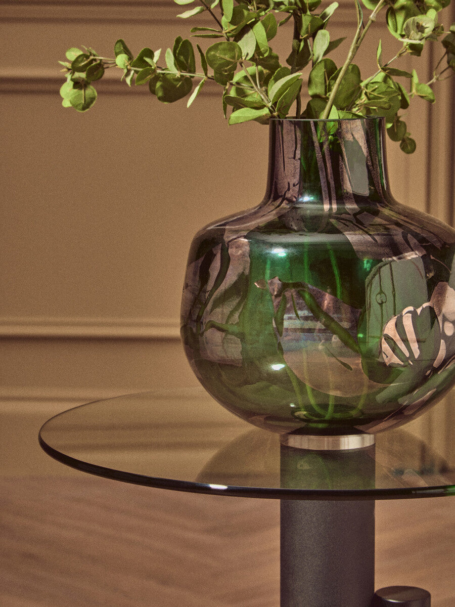 Clear Glass Top Side Table with Black and Gold Column Base