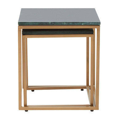 Nest of Two Green Marble Top Nesting Side Tables with Gold Finish Metal Frame
