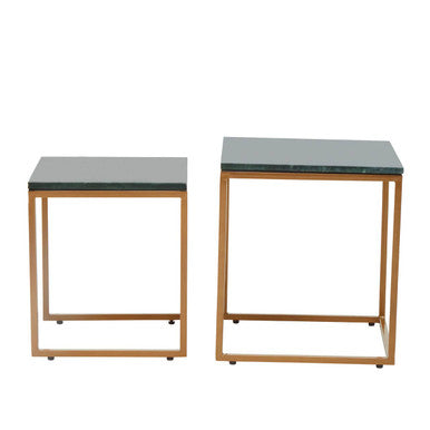 Nest of Two Green Marble Top Nesting Side Tables with Gold Finish Metal Frame