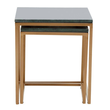 Nest of Two Green Marble Top Nesting Side Tables with Gold Finish Metal Frame