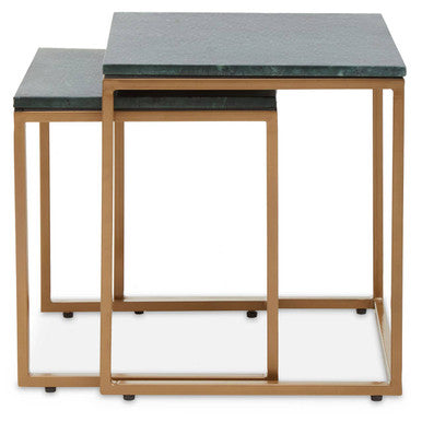 Nest of Two Green Marble Top Nesting Side Tables with Gold Finish Metal Frame
