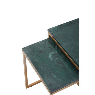 Nest of Two Green Marble Top Nesting Side Tables with Gold Finish Metal Frame