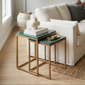 Nest of Two Green Marble Top Nesting Side Tables with Gold Finish Metal Frame