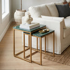 Nest of Two Green Marble Top Nesting Side Tables with Gold Finish Metal Frame