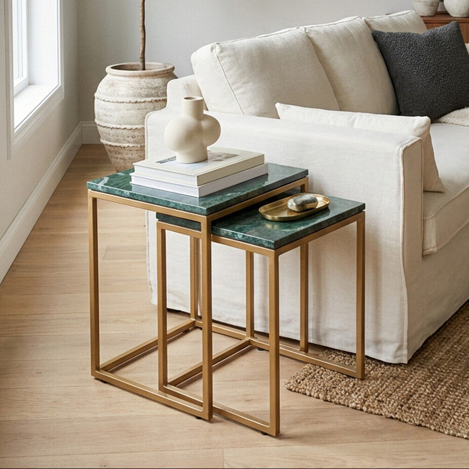 Nest of Two Green Marble Top Nesting Side Tables with Gold Finish Metal Frame