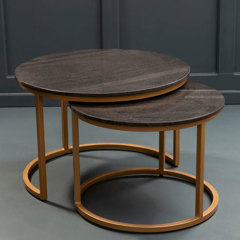 Black Marble and Gold Finish Set of 2 Nesting Coffee Tables
