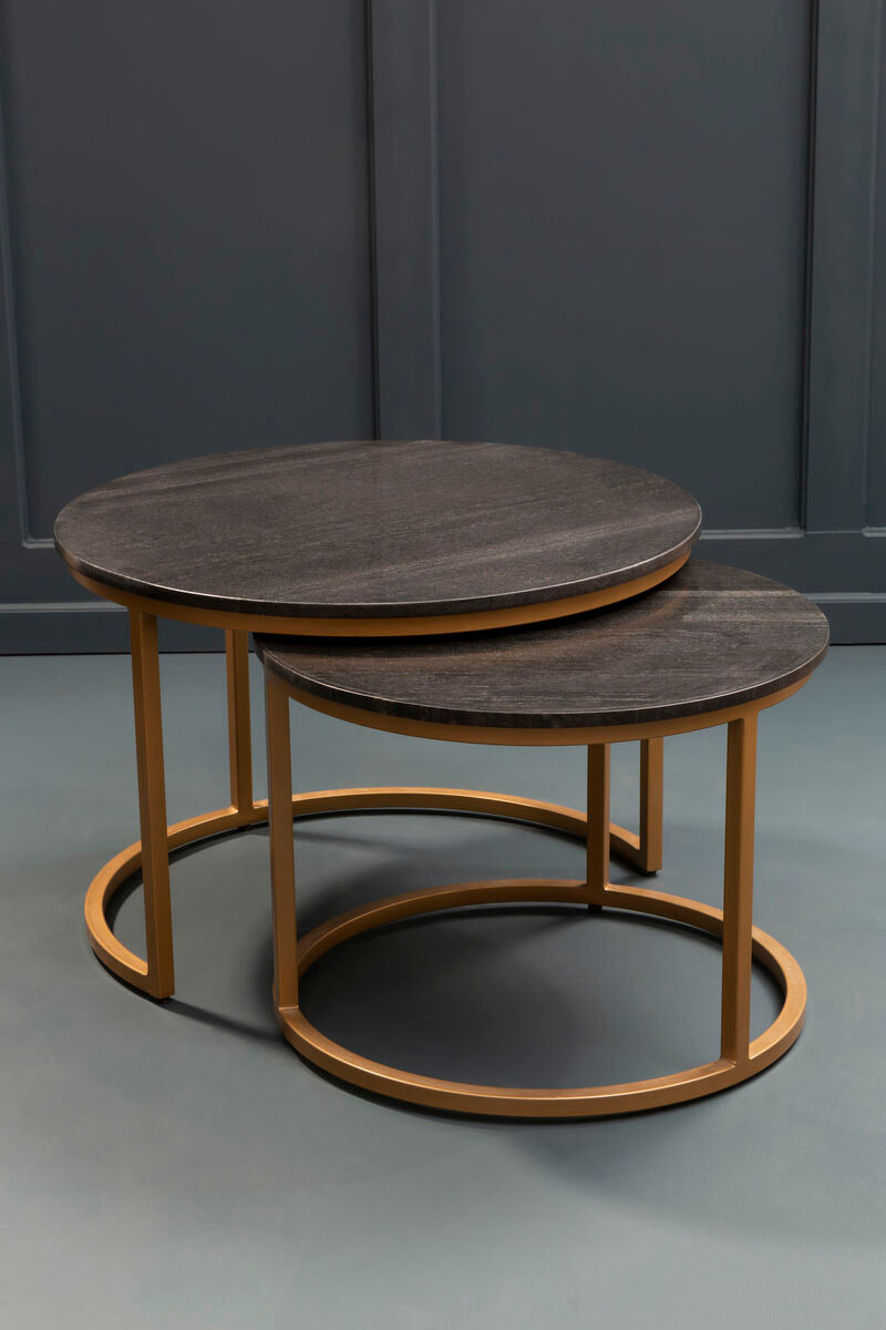Black Marble and Gold Finish Set of 2 Nesting Coffee Tables