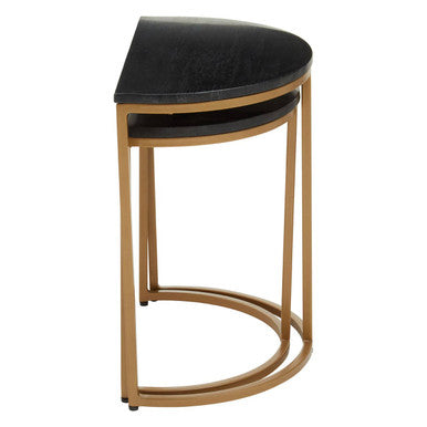 Black Marble and Gold Finish Set of 2 Half Moon Nesting Tables