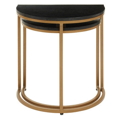 Black Marble and Gold Finish Set of 2 Half Moon Nesting Tables