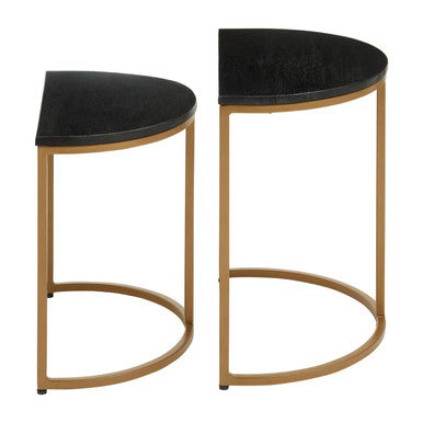 Black Marble and Gold Finish Set of 2 Half Moon Nesting Tables
