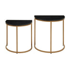 Black Marble and Gold Finish Set of 2 Half Moon Nesting Tables