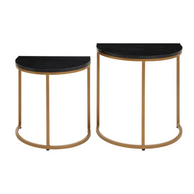 Black Marble and Gold Finish Set of 2 Half Moon Nesting Tables