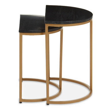 Black Marble and Gold Finish Set of 2 Half Moon Nesting Tables