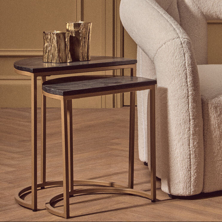 Black Marble and Gold Finish Set of 2 Half Moon Nesting Tables
